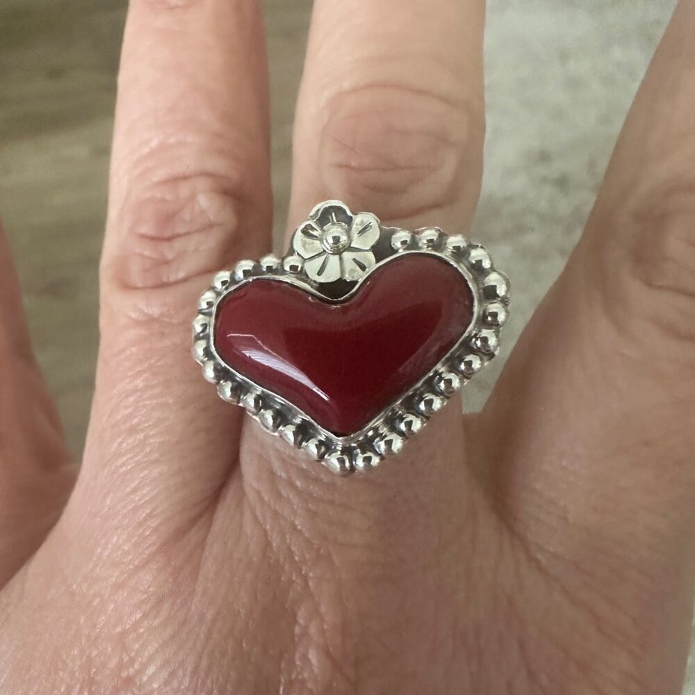 Silver 925 Adjustable Red Coral Ring Boho Woman